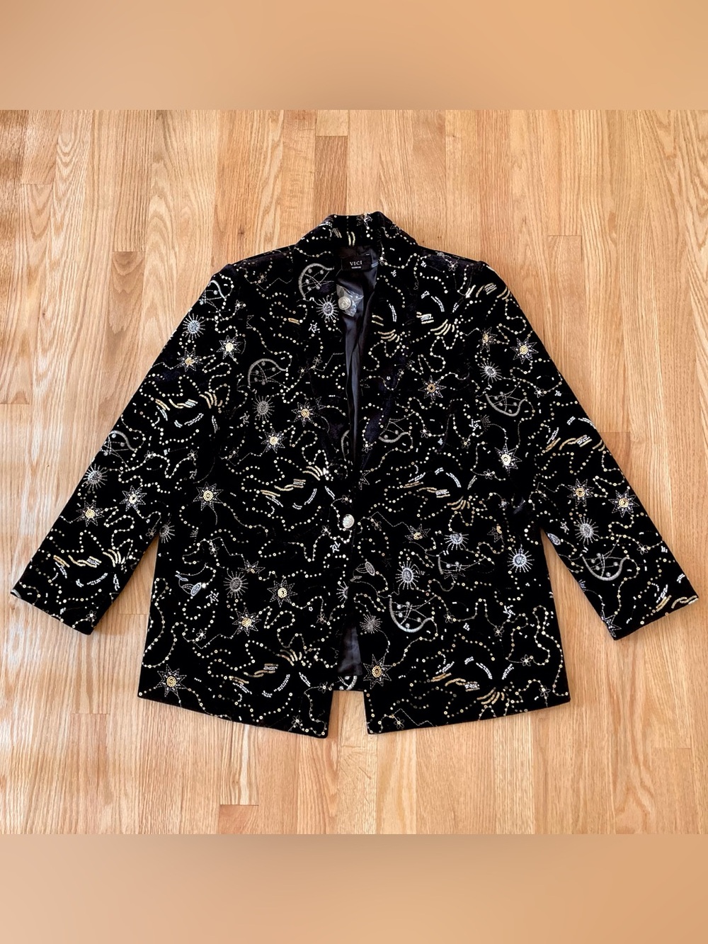 VICI NWOT Embellished Celestial Sequin Star Black Velvet Blazer Jacket Sz M